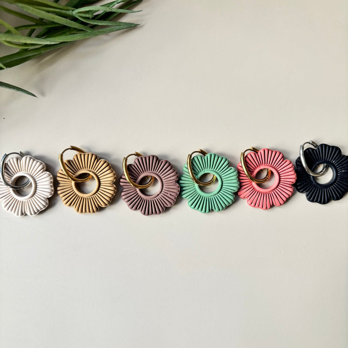 Full colour range Zuri earrings Black Ivory Mocha Brown Fern Green Terracotta latte