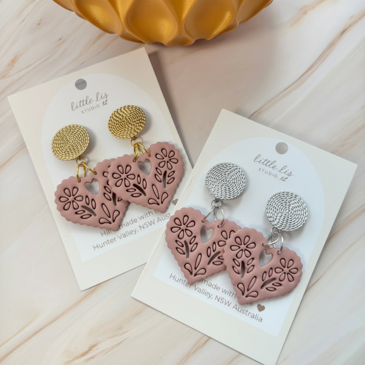 Amore statement Papel picado heart earring in pink, handmade from polymer clay by Little Lis Studio on siler or gold textured stud