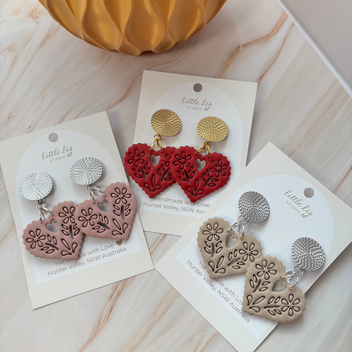 Amore statement heart earring in 3 colours, handmade from polymer clay by Little Lis Studio
