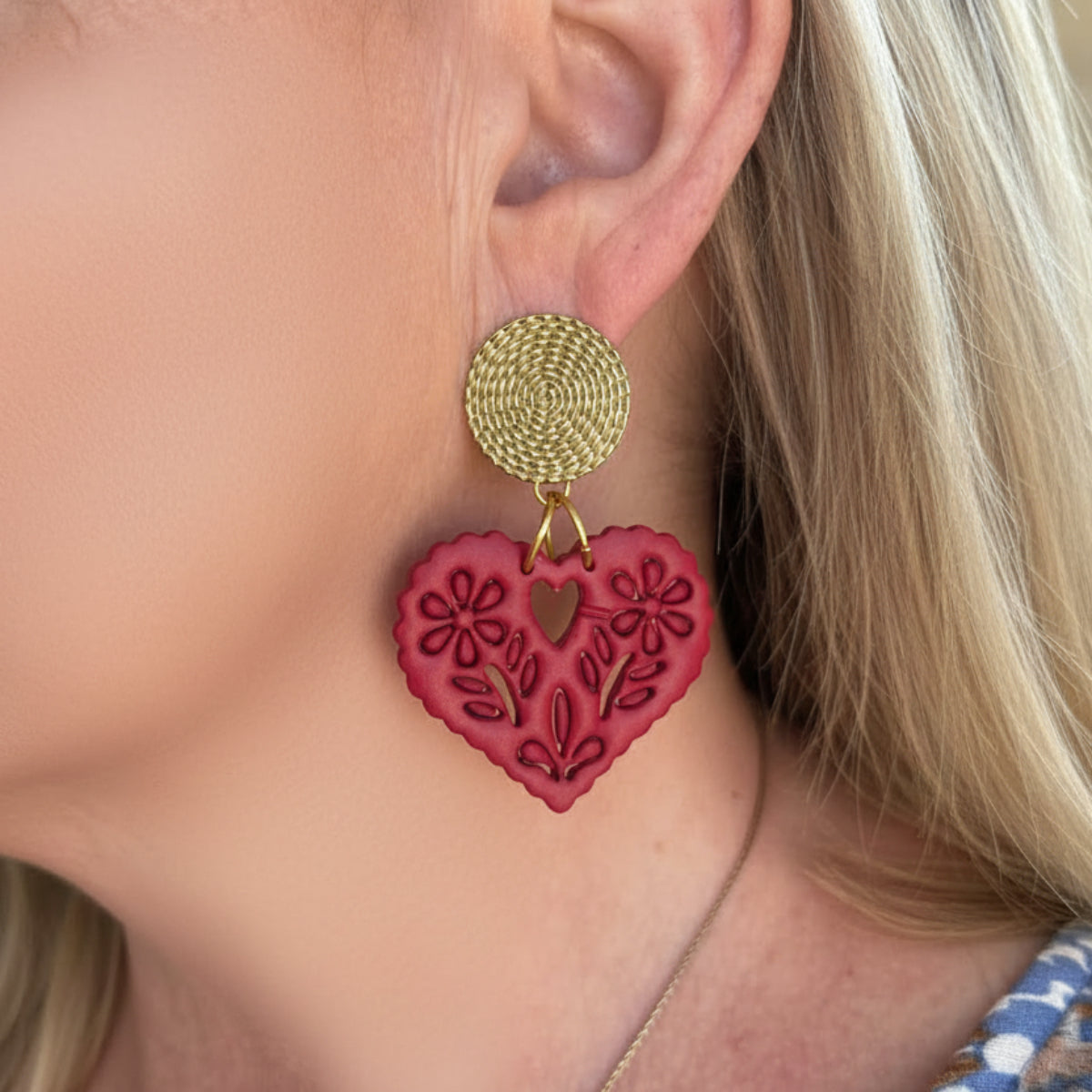 Amore statement Papel picado heart earring in a deep red colour, handmade from polymer clay by Little Lis Studio on silver or gold textured stud