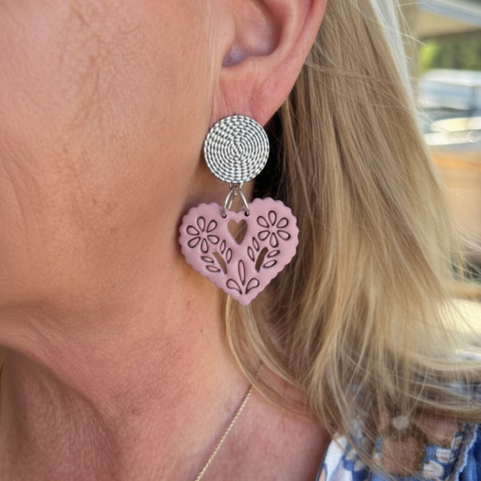 Amore statement Papel picado heart earring in a dusty pink colour, handmade from polymer clay by Little Lis Studio on silver or gold textured stud