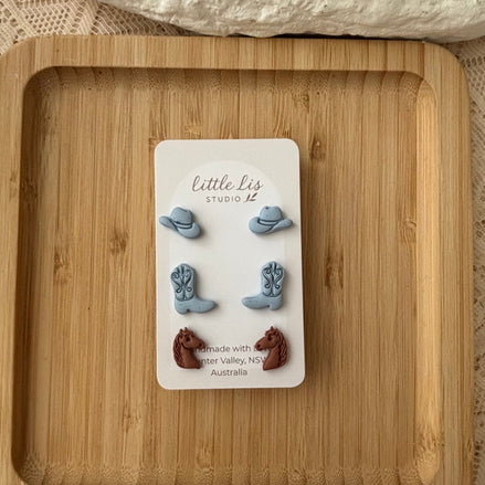 Boots & Blooms western polymer clay stud pack with cowboy hat, cowboy boot and chocolate brown horse earrings by Little Lis Studio.