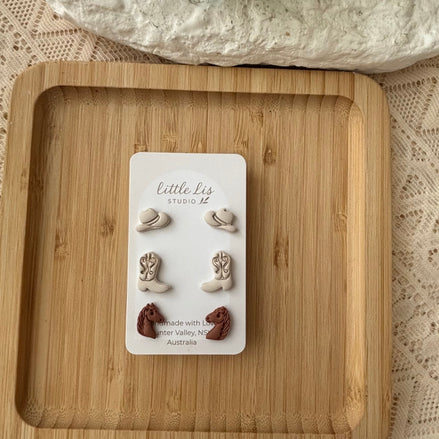 Boots & Blooms western polymer clay stud pack with cowboy hat, cowboy boot and chocolate brown horse earrings by Little Lis Studio.
