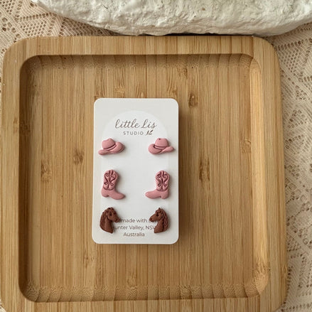 Boots & Blooms western polymer clay stud pack with cowboy hat, cowboy boot and chocolate brown horse earrings by Little Lis Studio.