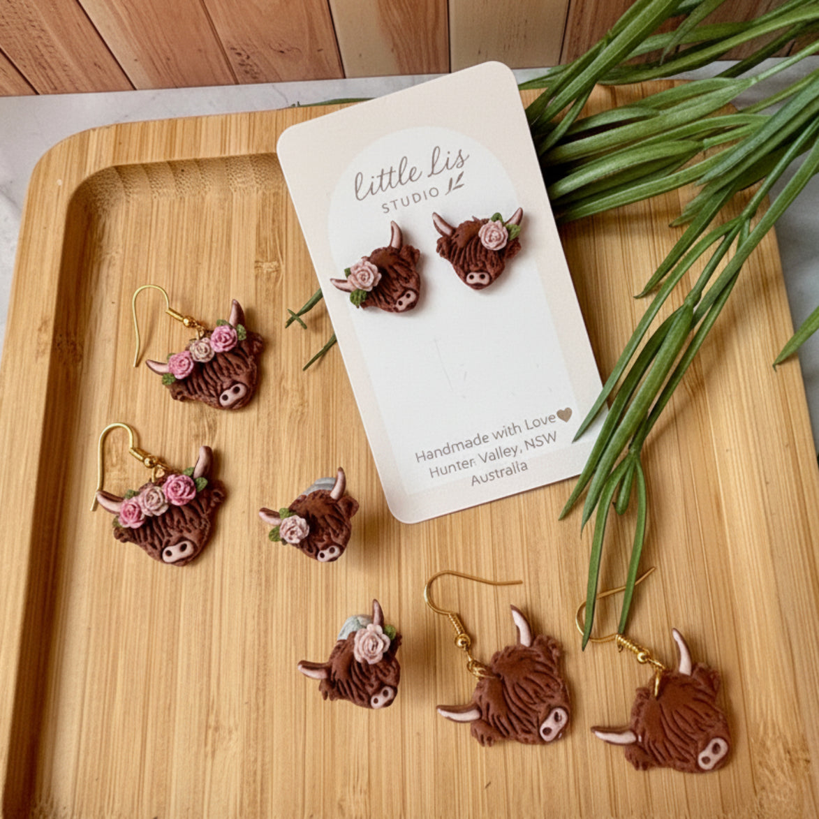 Charlotte handmade polymer clay Highland Cow earrings by Little Lis Studio