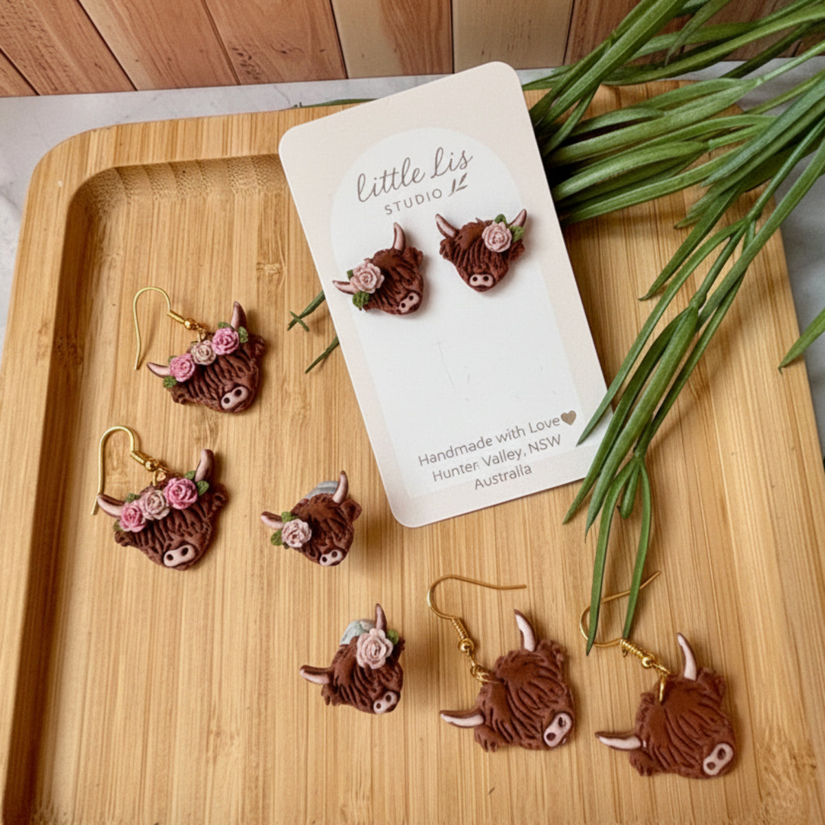 Charlotte handmade polymer clay Highland Cow earrings by Little Lis Studio