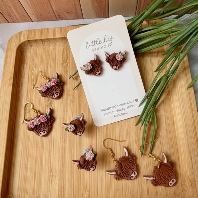 Charlotte handmade polymer clay Highland Cow earrings by Little Lis Studio