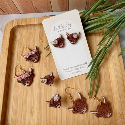 Charlotte handmade polymer clay Highland Cow earrings by Little Lis Studio