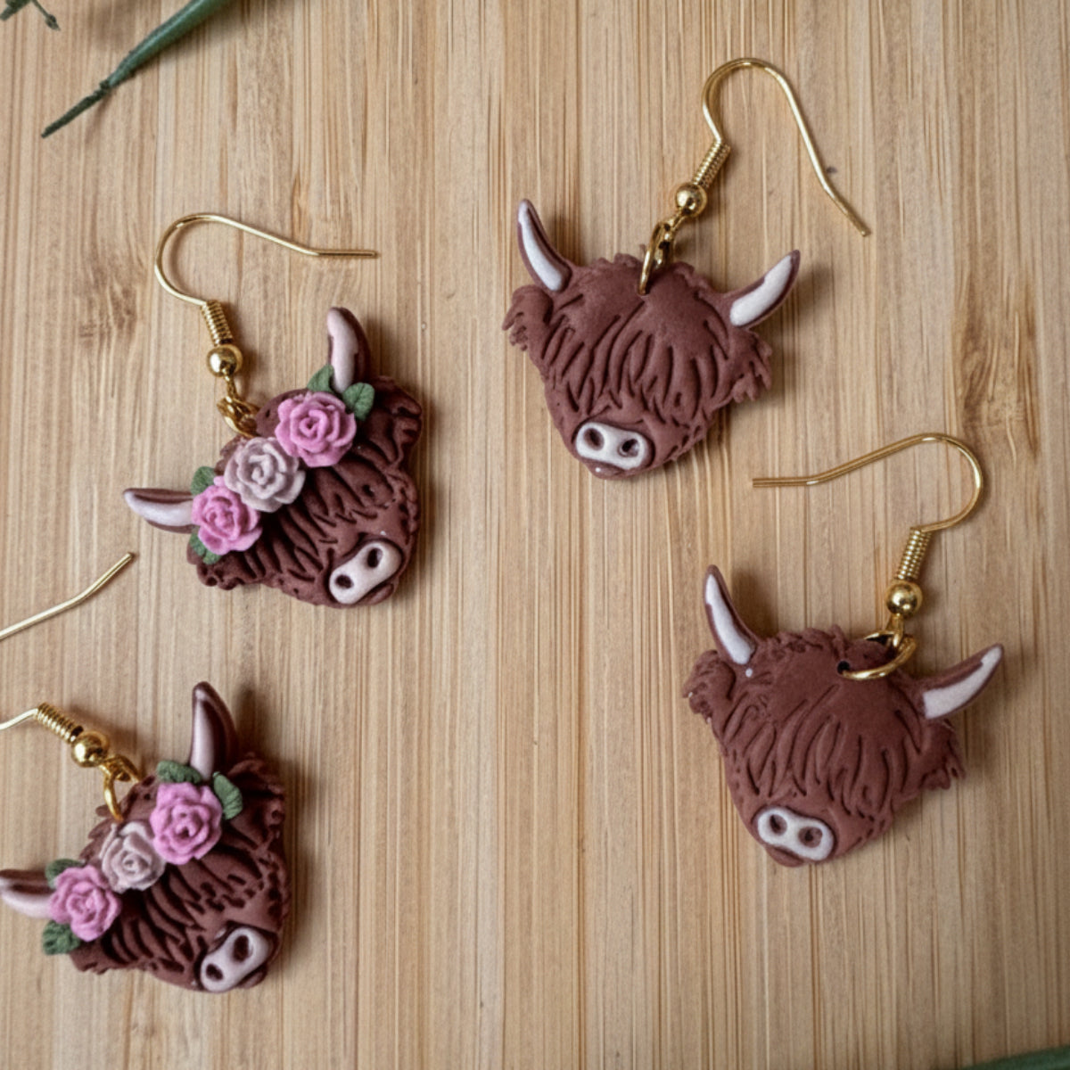 Charlotte handmade polymer clay Highland Cow earrings by Little Lis Studio