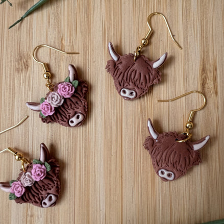 Charlotte handmade polymer clay Highland Cow earrings by Little Lis Studio