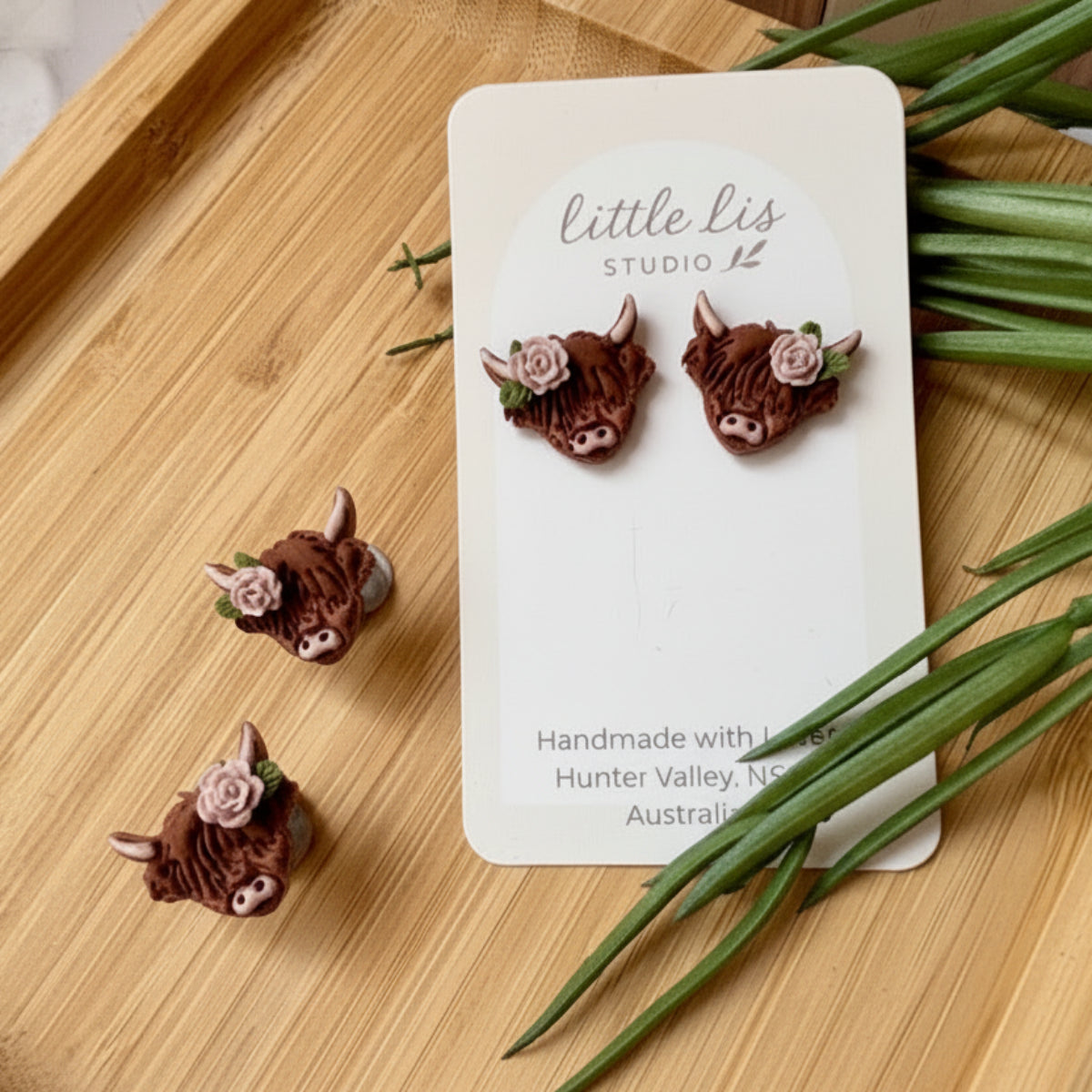 Charlotte handmade polymer clay Highland Cow stud earrings by Little Lis Studio