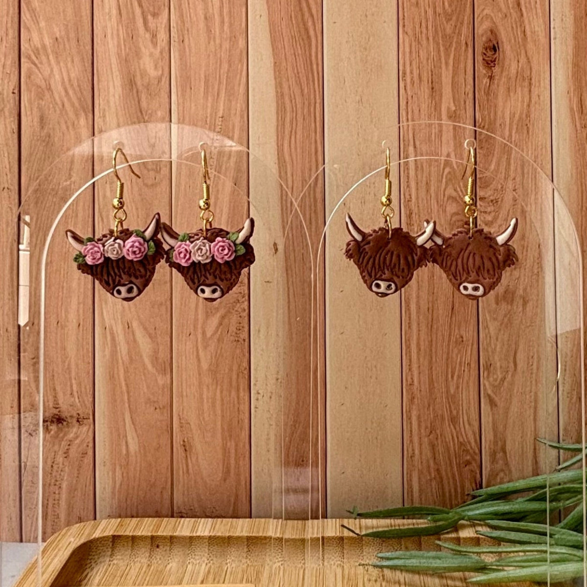 Charlotte handmade polymer clay Highland Cow earrings by Little Lis Studio with or without florals