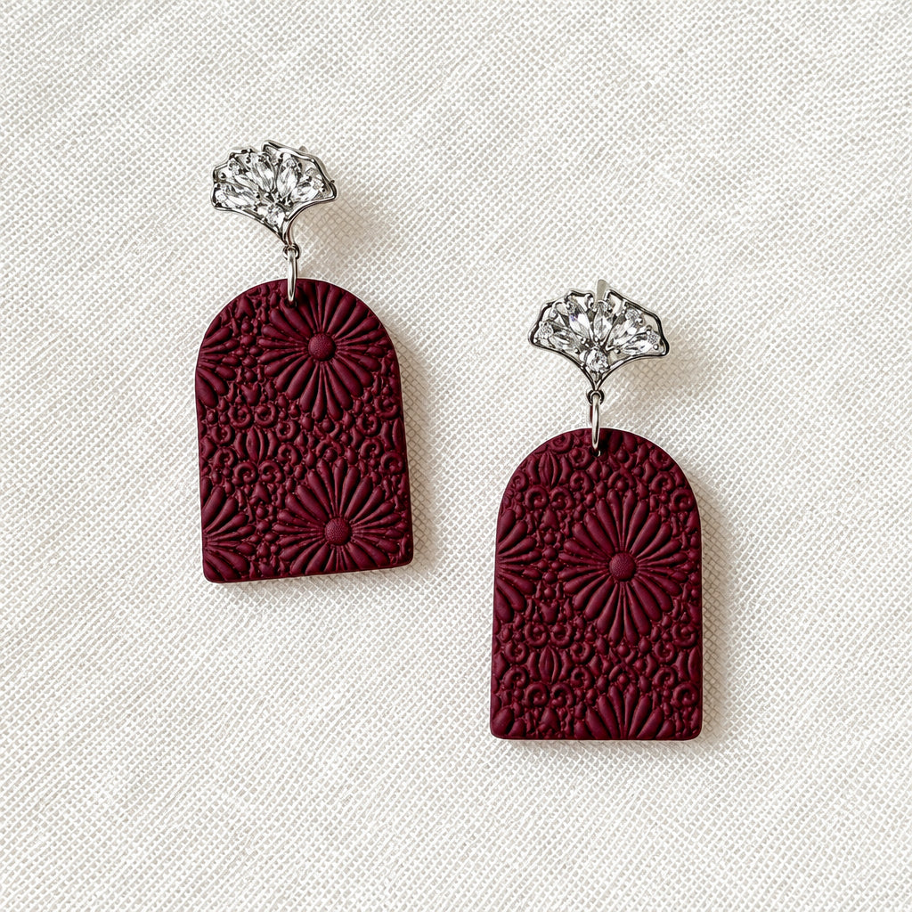 Burgundy handmade polymer clay Claudette earrings for weddings and special occasions