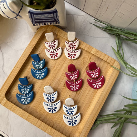 Handmade Delphi Mediterranean polymer clay statement earrings from the Little Lis Studio Aegean Collection. in Cobalt Blue / White, Red / White, Wite / Blue & White / Red