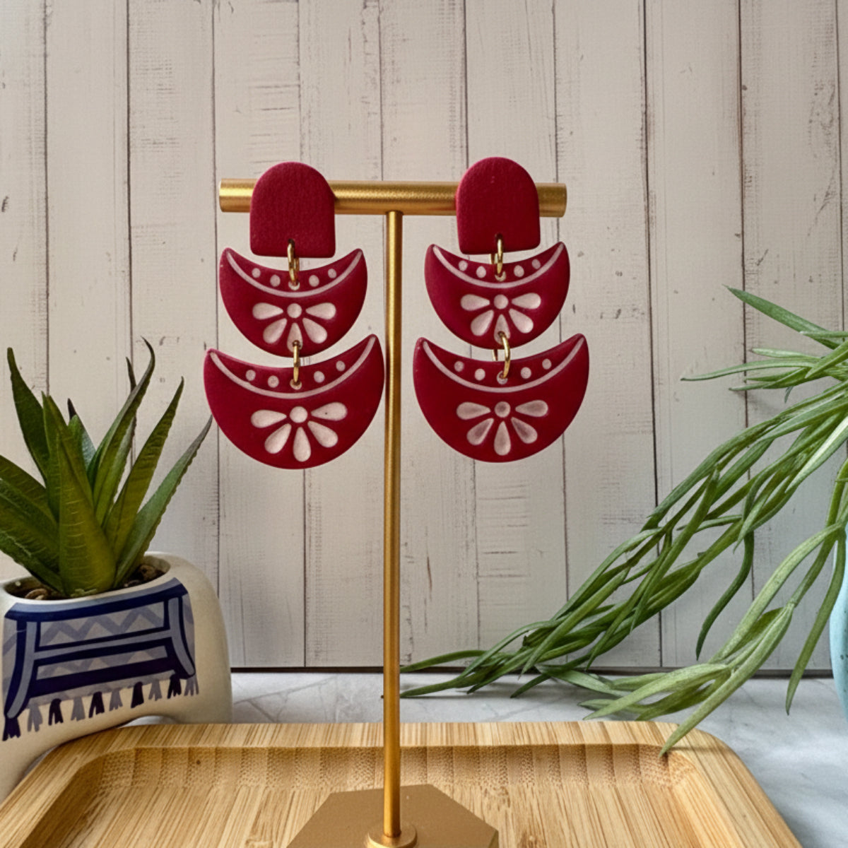 Handmade Red / White Delphi Mediterranean polymer clay statement earrings from the Little Lis Studio Aegean Collection.