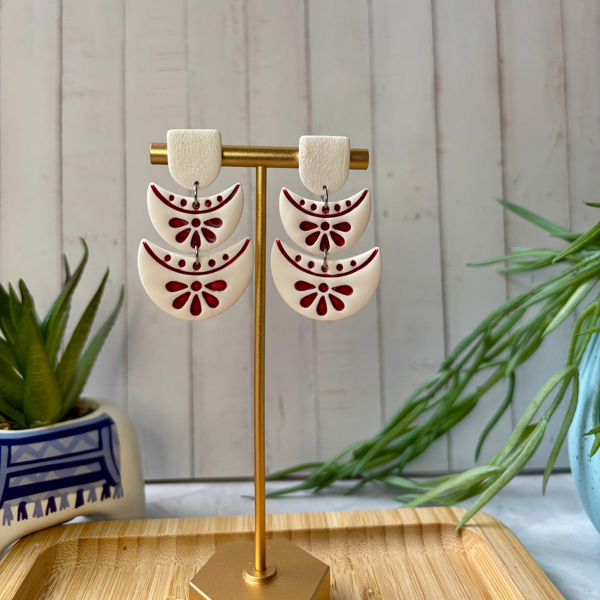 White and Red handmade Delphi Mediterranean polymer clay statement earrings from the Little Lis Studio Aegean Collection.