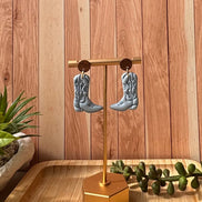 Cowboy boot dangle earrings in pastel blue on a round timber stud, from Boots and Blooms collection by Litte Lis Studio
