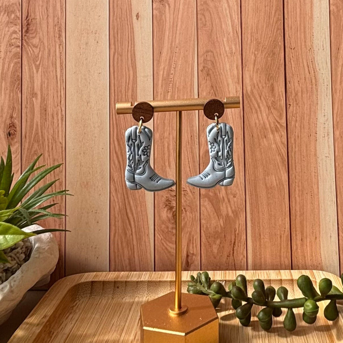 Cowboy boot dangle earrings in pastel blue on a round timber stud, from Boots and Blooms collection by Litte Lis Studio