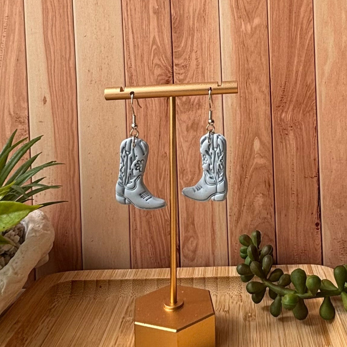 Cowboy boot dangle earrings in pastel blue on a silver hook, from Boots and Blooms collection by Litte Lis Studio