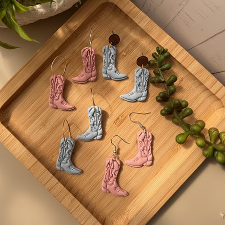 Cowboy boot dangle earrings in pastel pink and light blue, from Boots and Blooms collection by Litte Lis Studio
