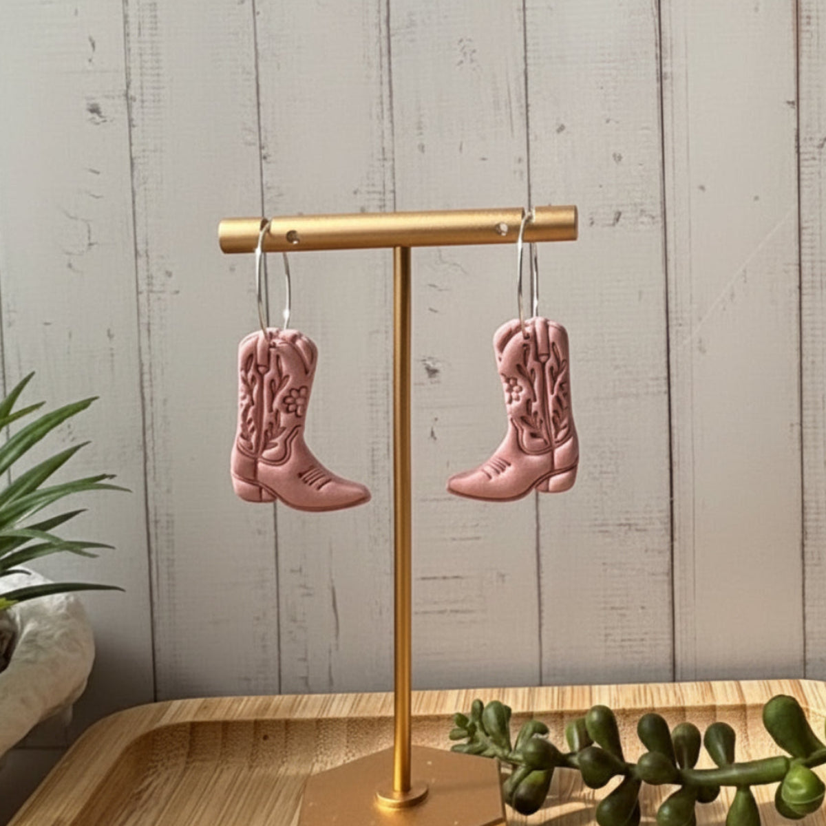 Cowboy boot dangle earrings in pastel pink on fine silver hoop, from Boots and Blooms collection by Litte Lis Studio