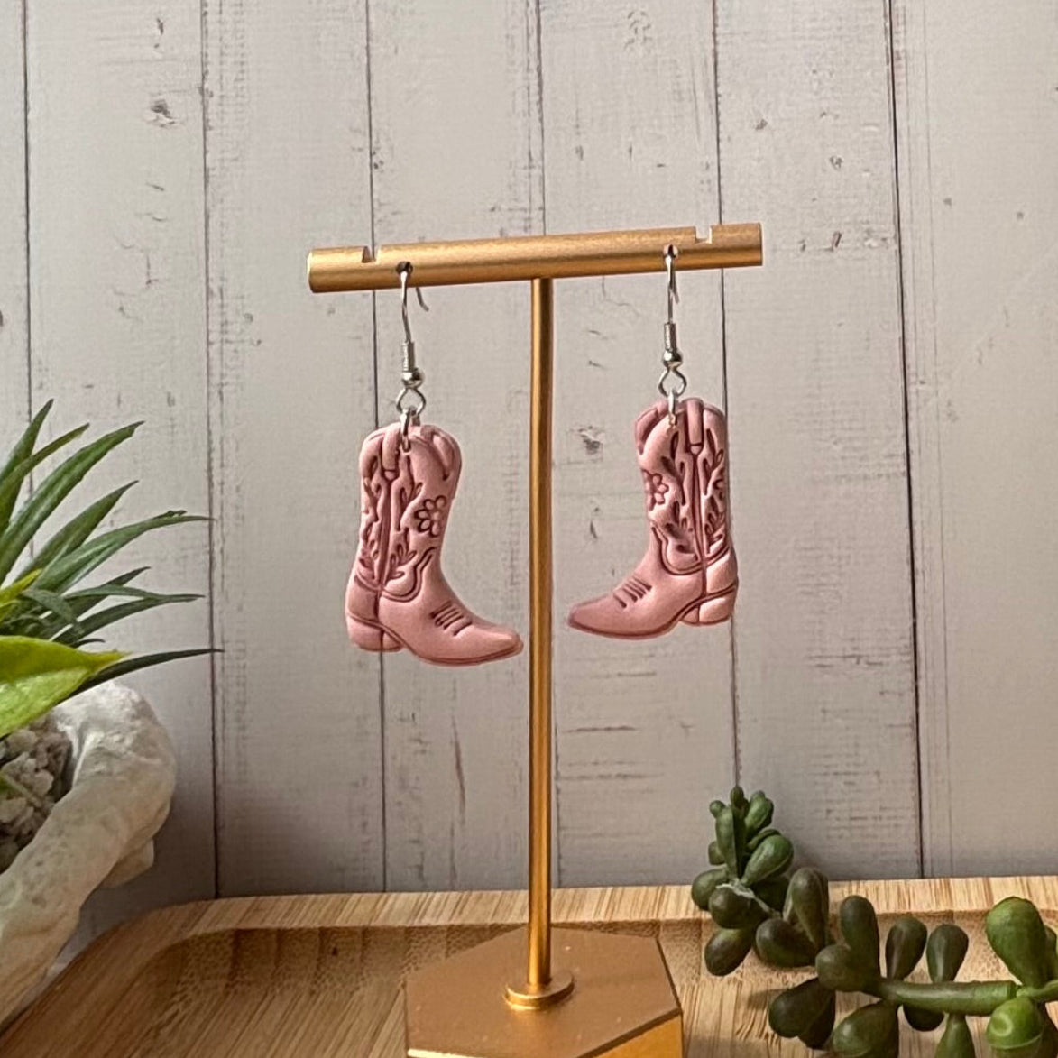 Cowboy boot dangle earrings in pastel pink on a silver hook, from Boots and Blooms collection by Litte Lis Studio