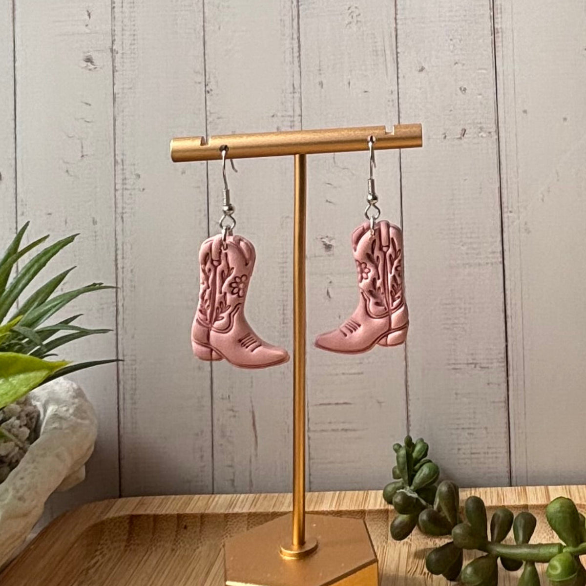 Cowboy boot dangle earrings in pastel pink on a silver hook, from Boots and Blooms collection by Litte Lis Studio