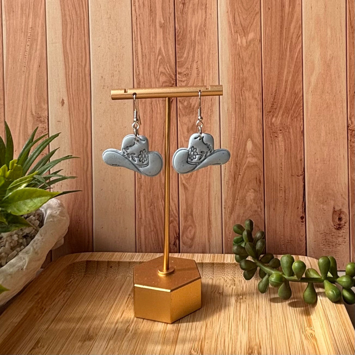Dolly Hat handmade polymer clay cowboy hat earrings in blue on silver hook by Little Lis Studio