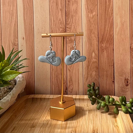 Dolly Hat handmade polymer clay cowboy hat earrings in blue on silver hook by Little Lis Studio