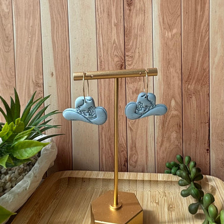 Dolly Hat handmade polymer clay cowboy hat earrings on hoop in blue by Little Lis Studio.