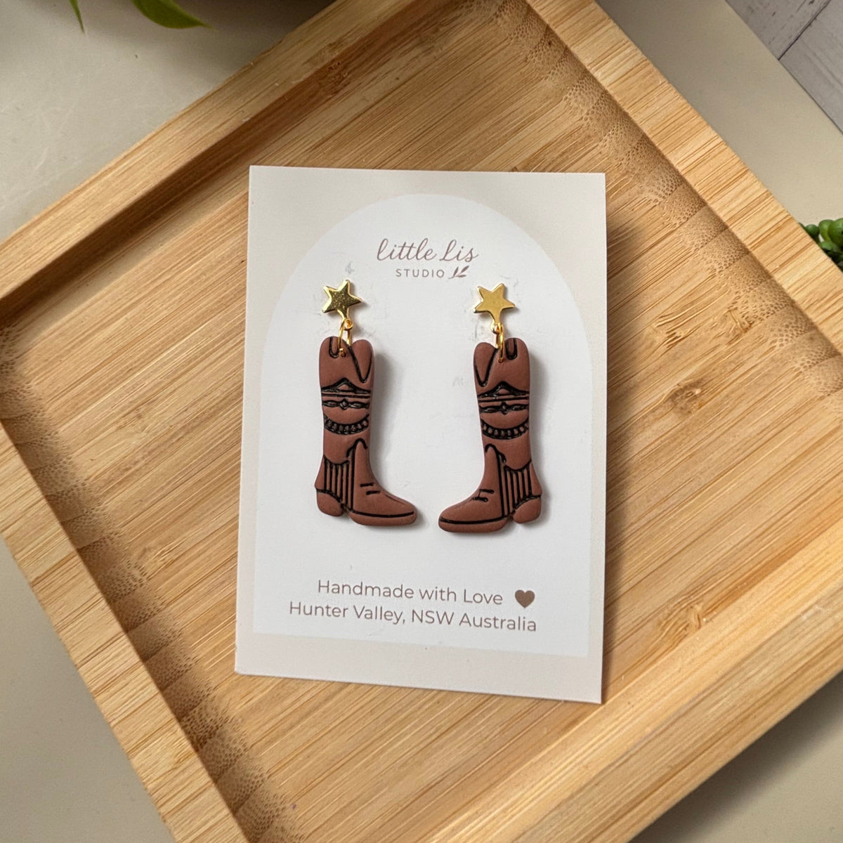 Dusty Boots handmade western cowboy boot polymer clay earrings by Little Lis Studio.