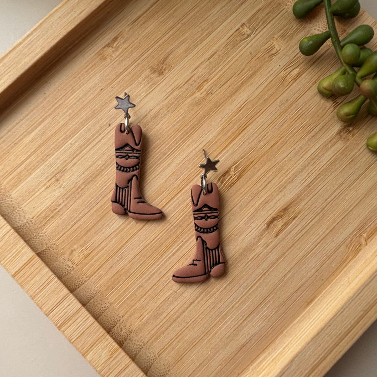 Dusty Boots handmade western cowboy boot polymer clay earrings by Little Lis Studio