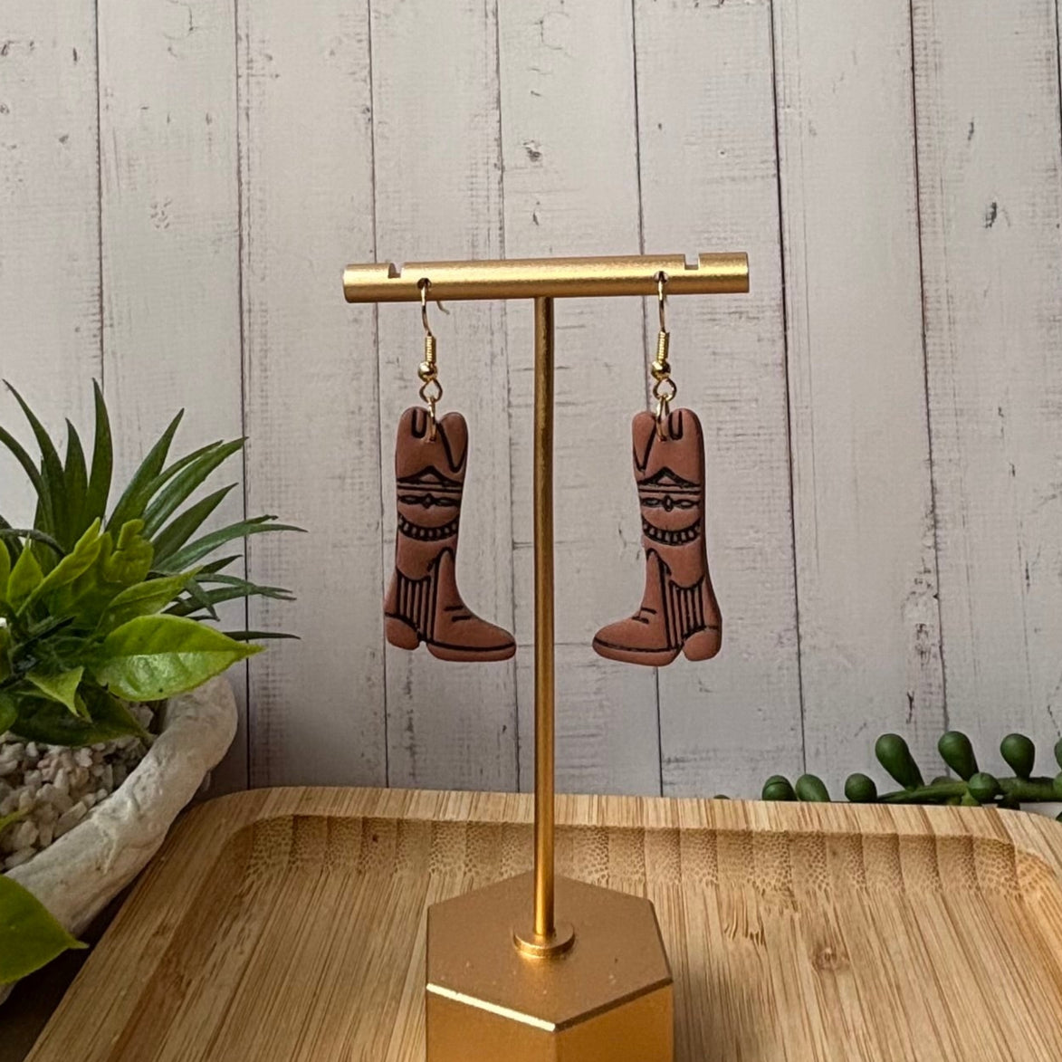 Dusty Boots handmade western cowboy boot polymer clay earrings by Little Lis Studio.