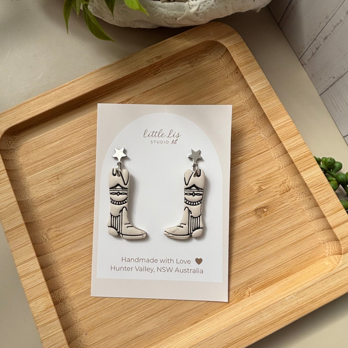 Dusty Boots handmade western cowboy boot polymer clay earrings by Little Lis Studio.