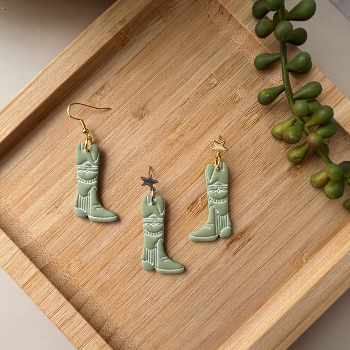 Dusty Boots handmade western cowboy boot polymer clay earrings by Little Lis Studio
