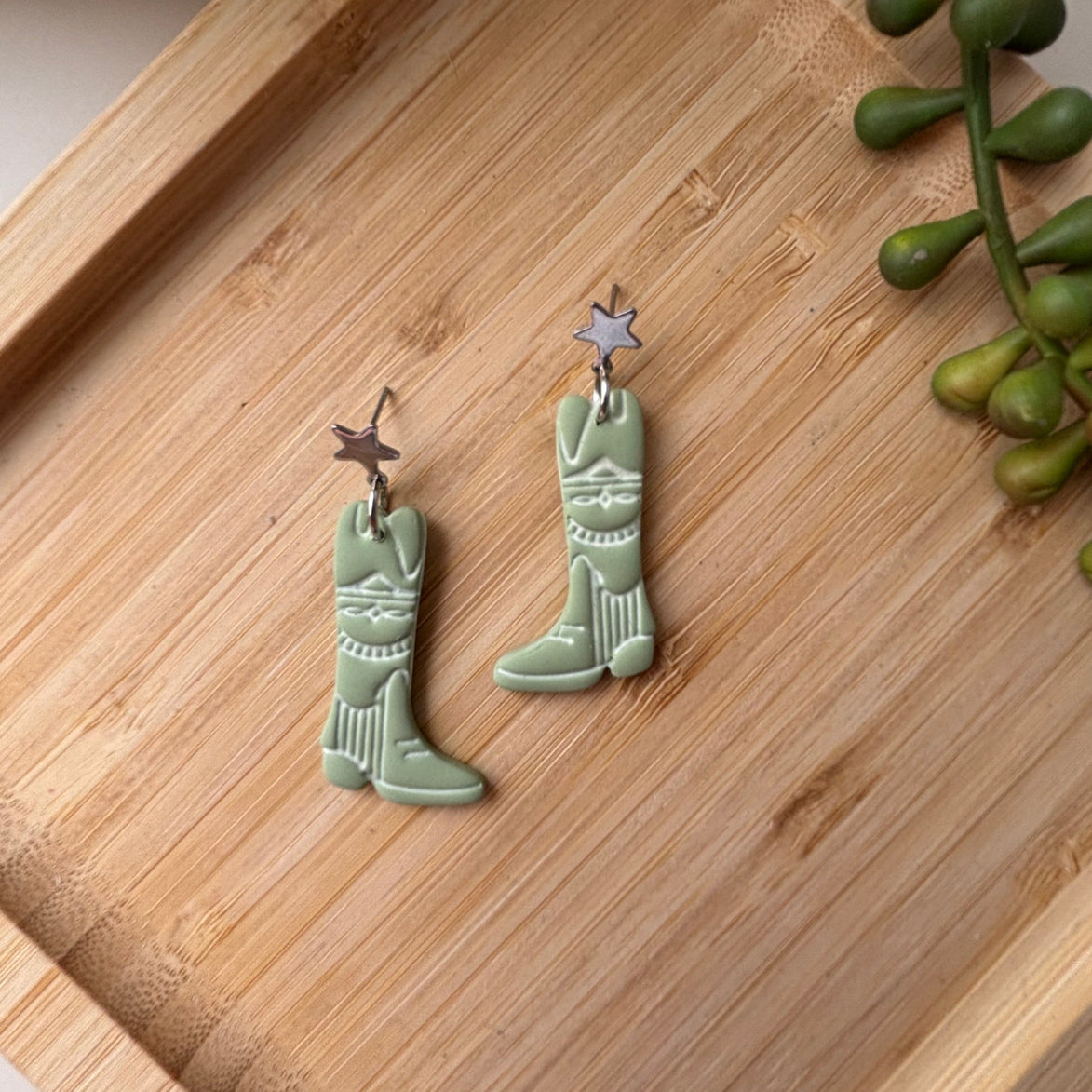 Dusty Boots handmade western cowboy boot polymer clay earrings by Little Lis Studio