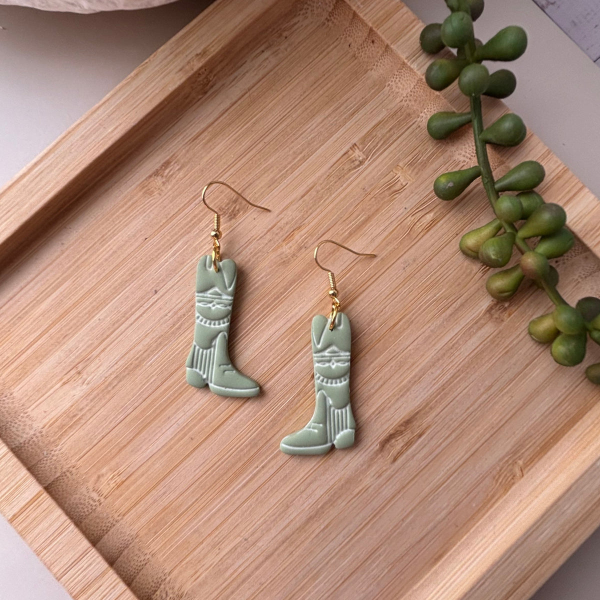 Dusty Boots handmade western cowboy boot polymer clay earrings by Little Lis Studio