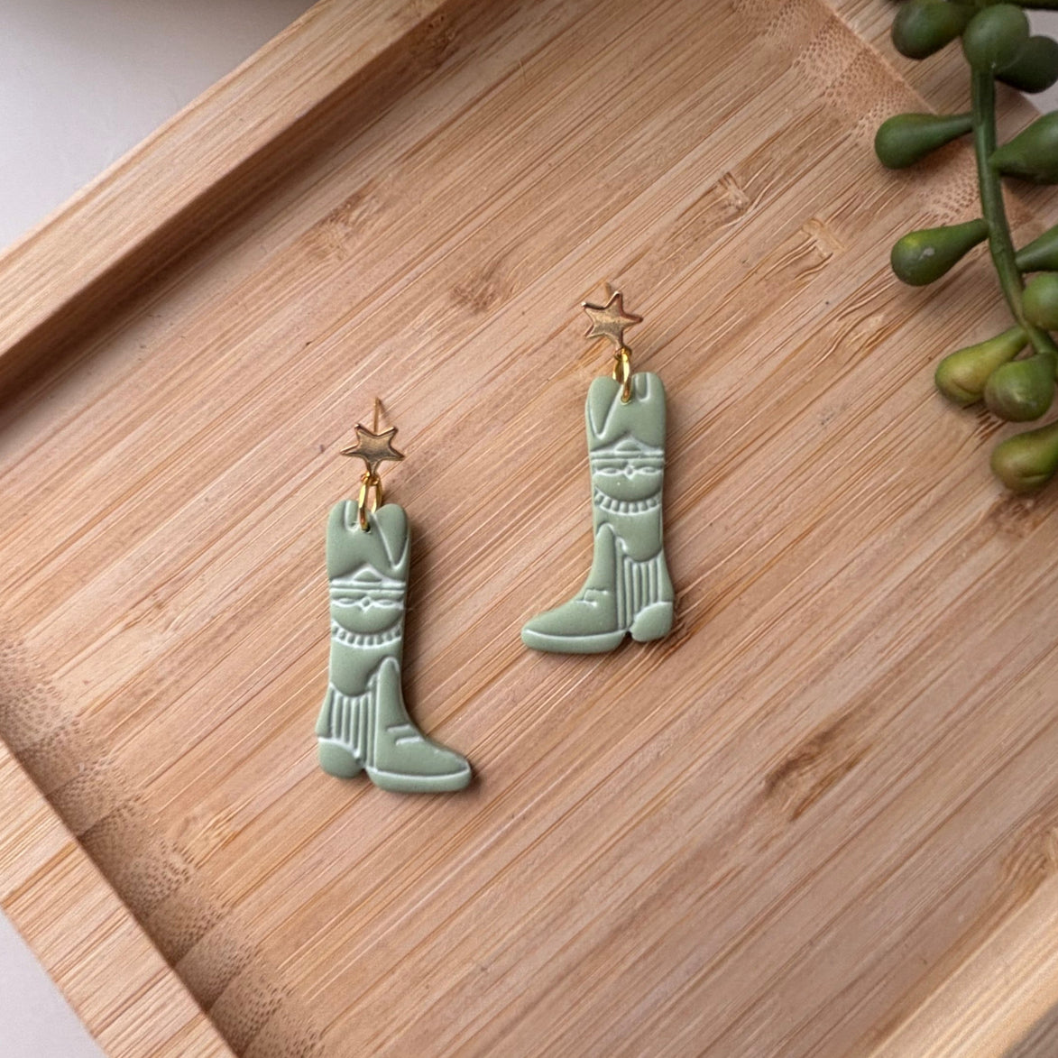 Dusty Boots handmade western cowboy boot polymer clay earrings by Little Lis Studio