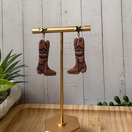 Dusty Boots handmade western cowboy boot polymer clay earrings by Little Lis Studio.