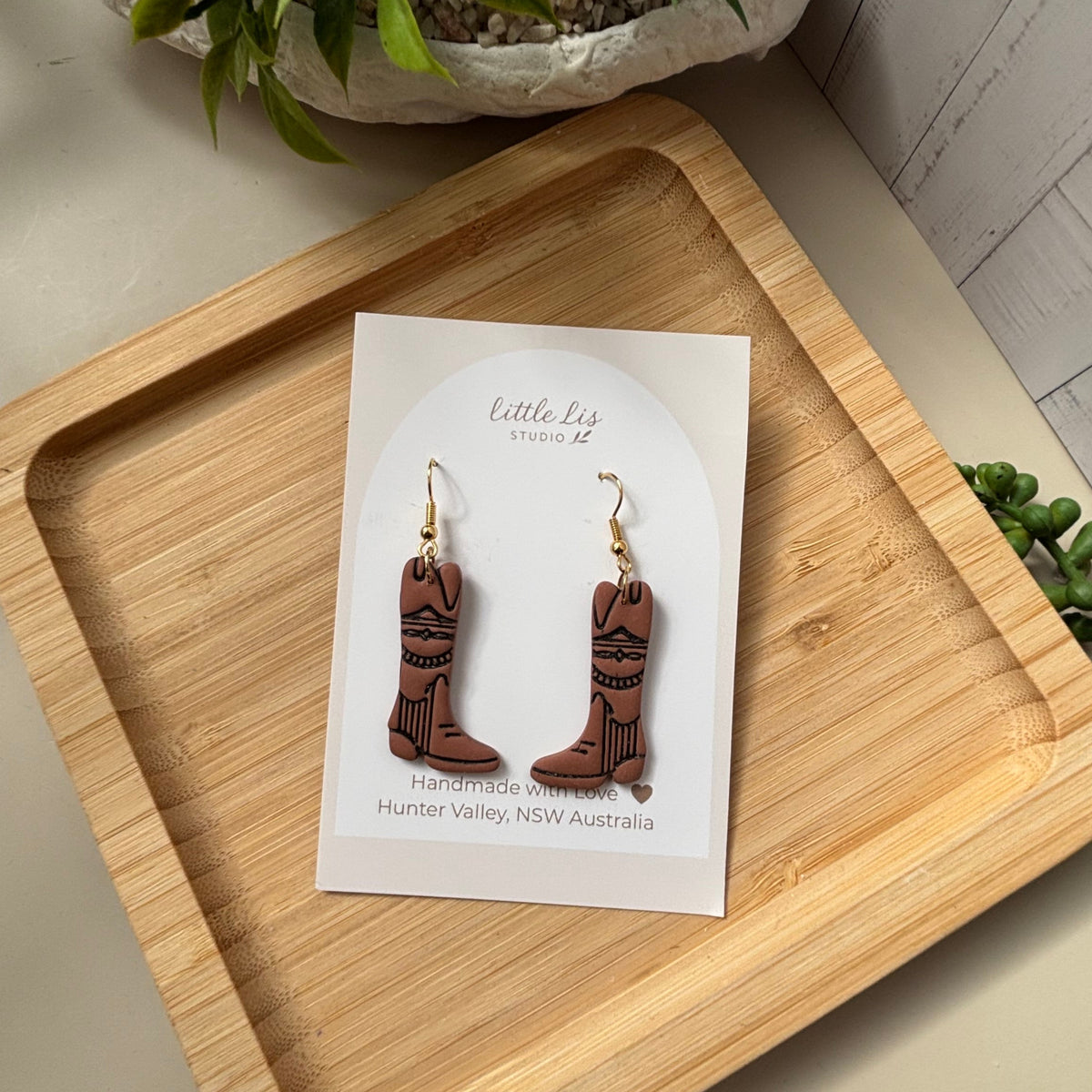 Dusty Boots handmade western cowboy boot polymer clay earrings by Little Lis Studio.