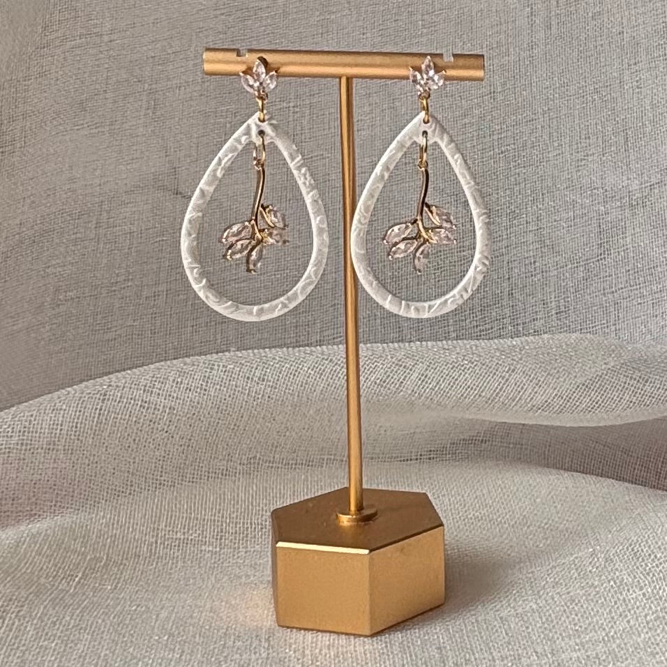 Pearl White handmade polymer clay Elodie earrings for weddings and special occasions