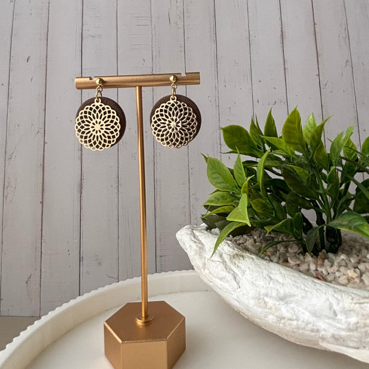 Leni Mist Blue polymer clay earrings with filigree detail and gold ball studs by Little Lis Studio