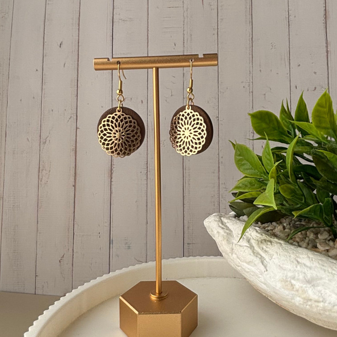 Leni Espresso Mocha polymer clay filigree earrings with gold hooks by Little Lis Studio