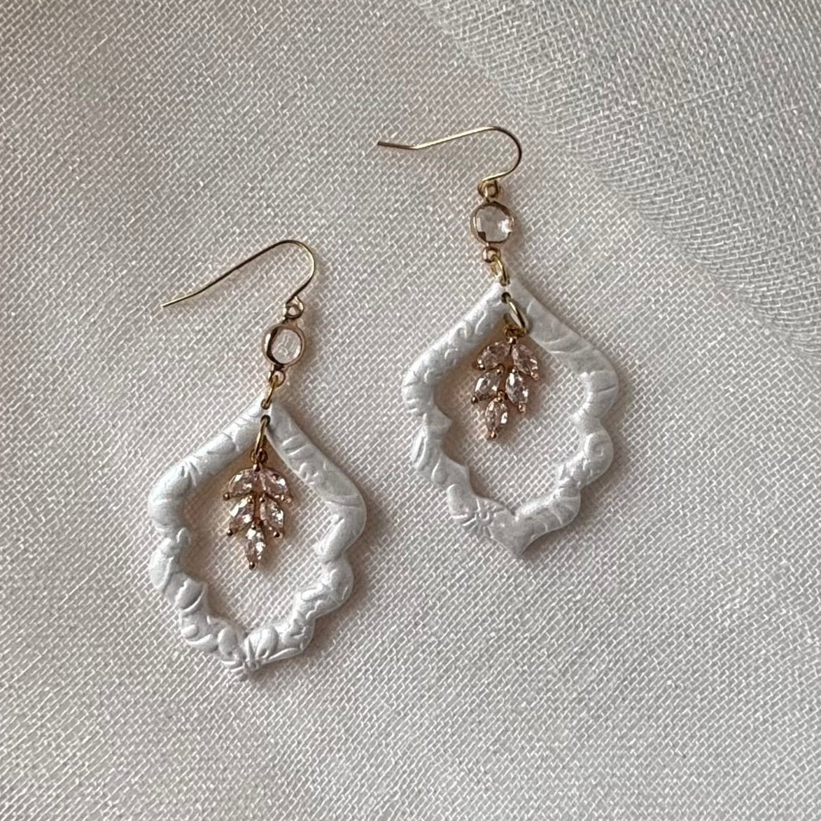 Pearl White handmade polymer clay Estelle earrings for weddings and special occasions