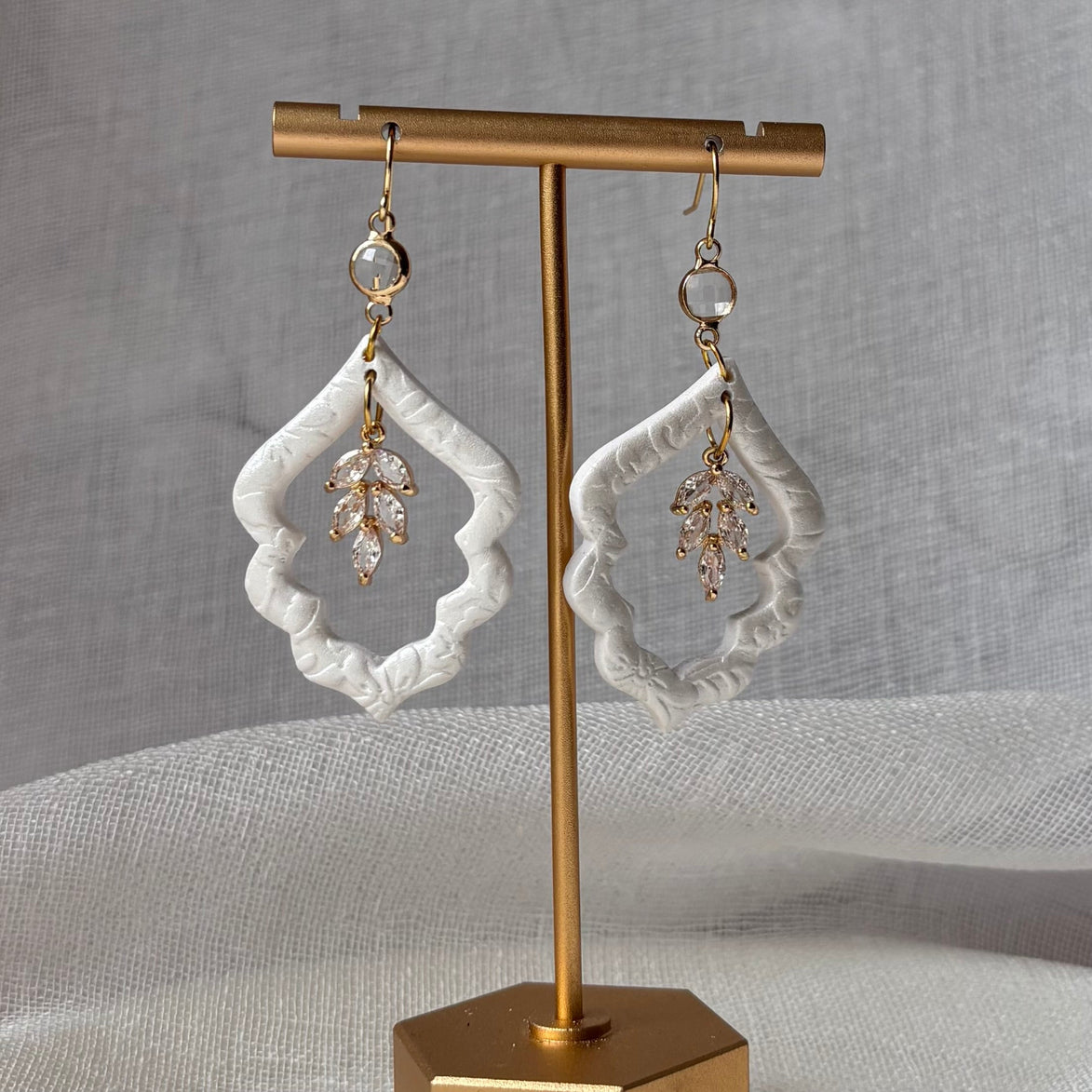 Pearl White handmade polymer clay Estelle earrings for weddings and special occasions