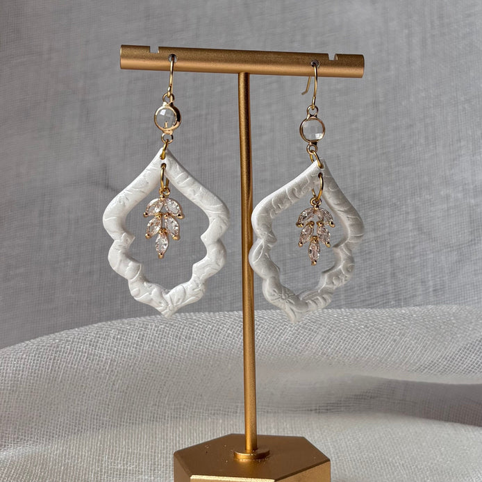 Pearl White handmade polymer clay Estelle earrings for weddings and special occasions