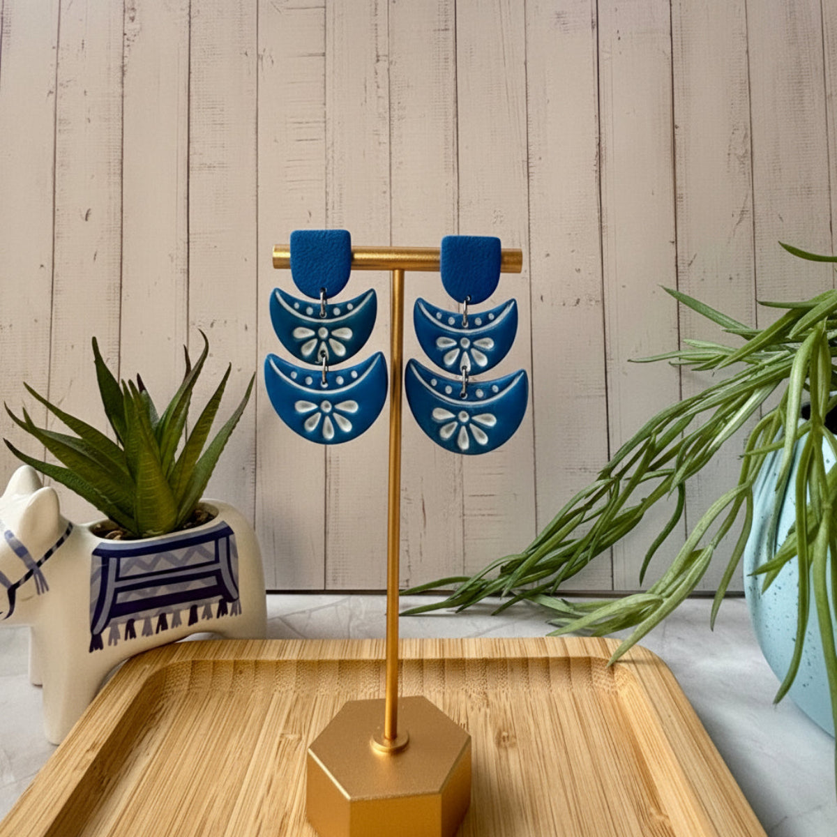 Cobalt Blue and white handmade Delphi Mediterranean polymer clay statement earrings from the Little Lis Studio Aegean Collection.