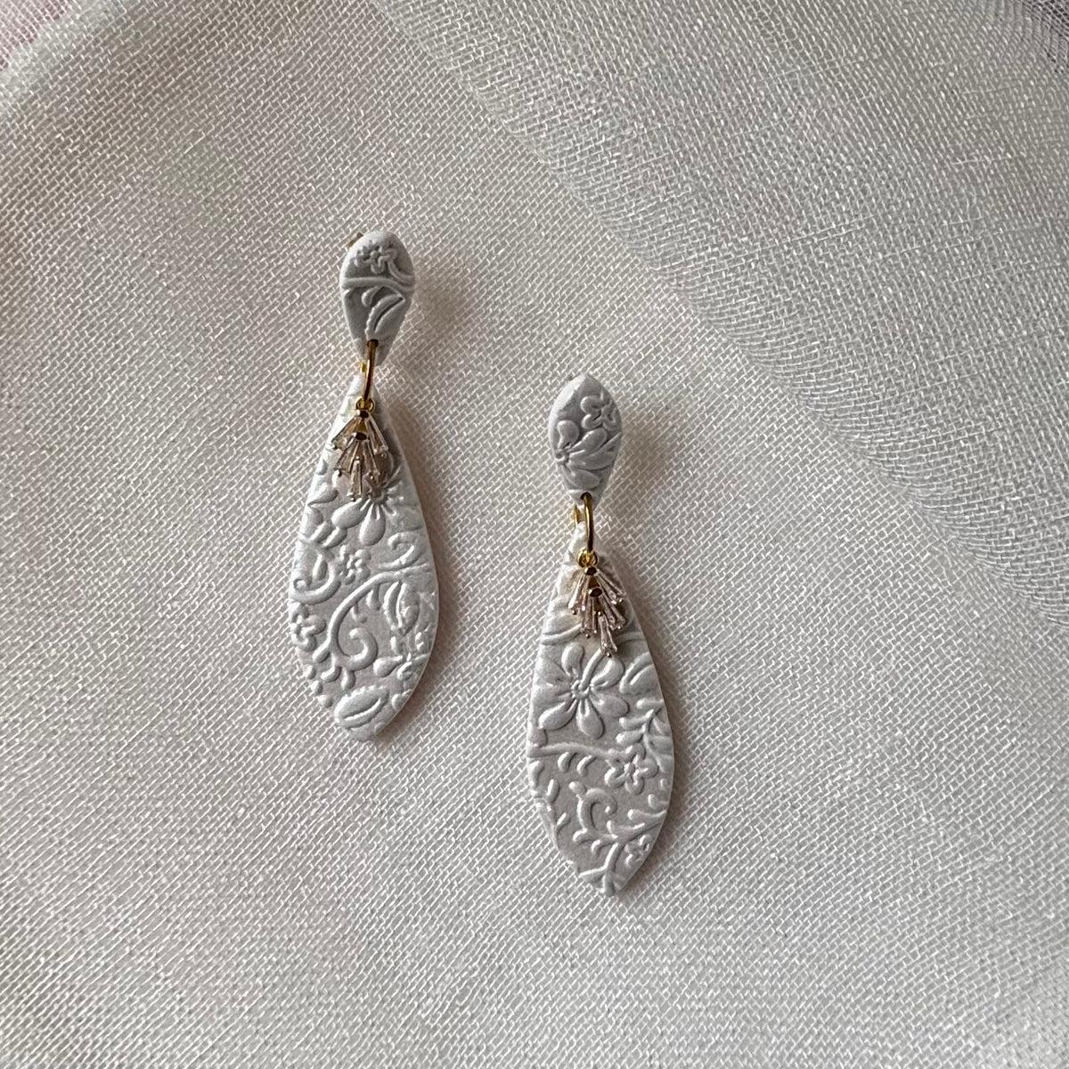 Camille - Pearl White Embossed Earrings