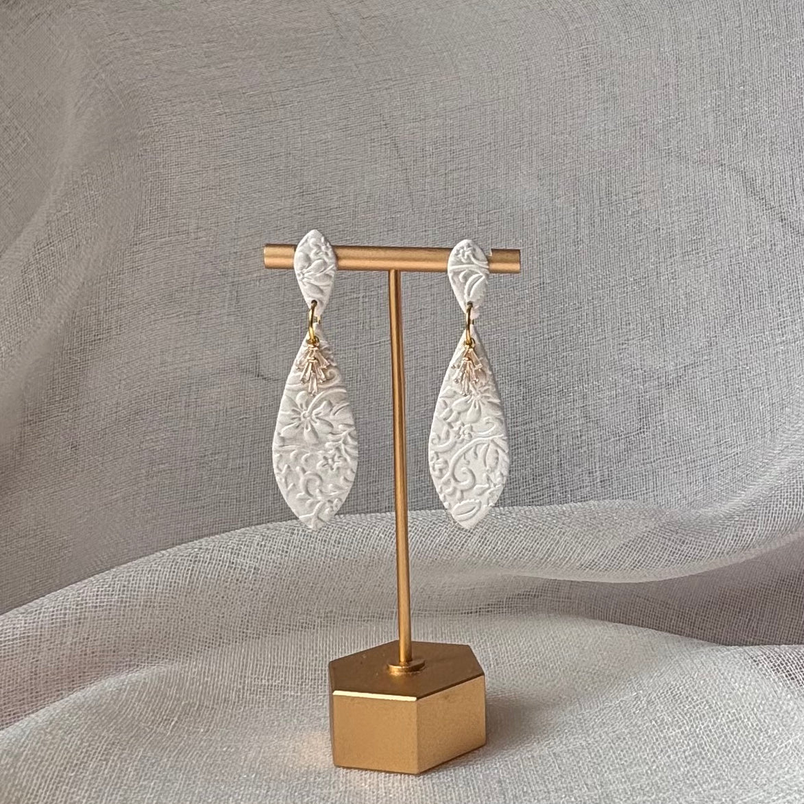 Camille - Pearl White Embossed Earrings