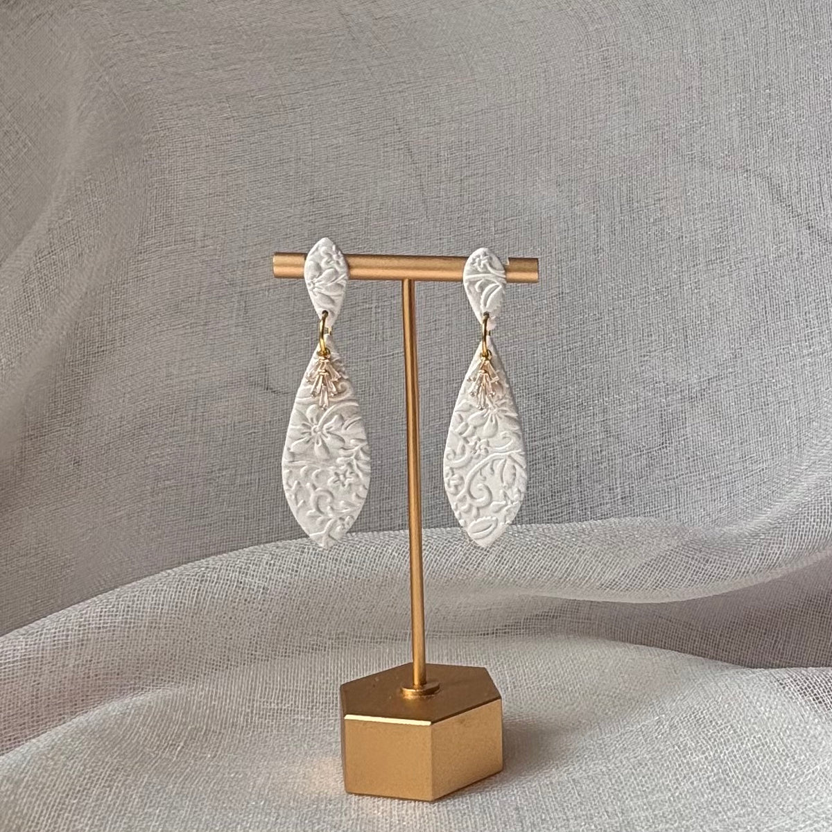 Camille - Pearl White Embossed Earrings